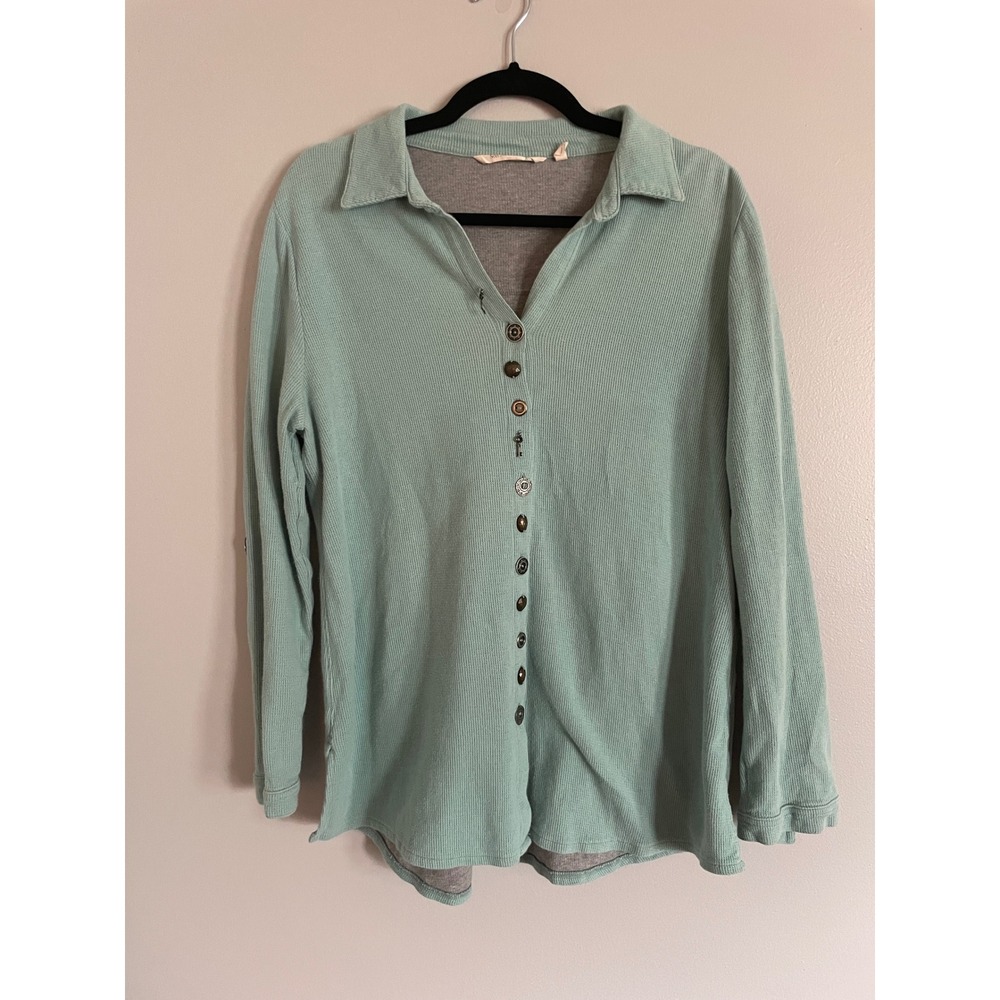 Soft‎ Surroundings Blue Green Waffle Knit Thermal Top Lagenlook Buttons Large